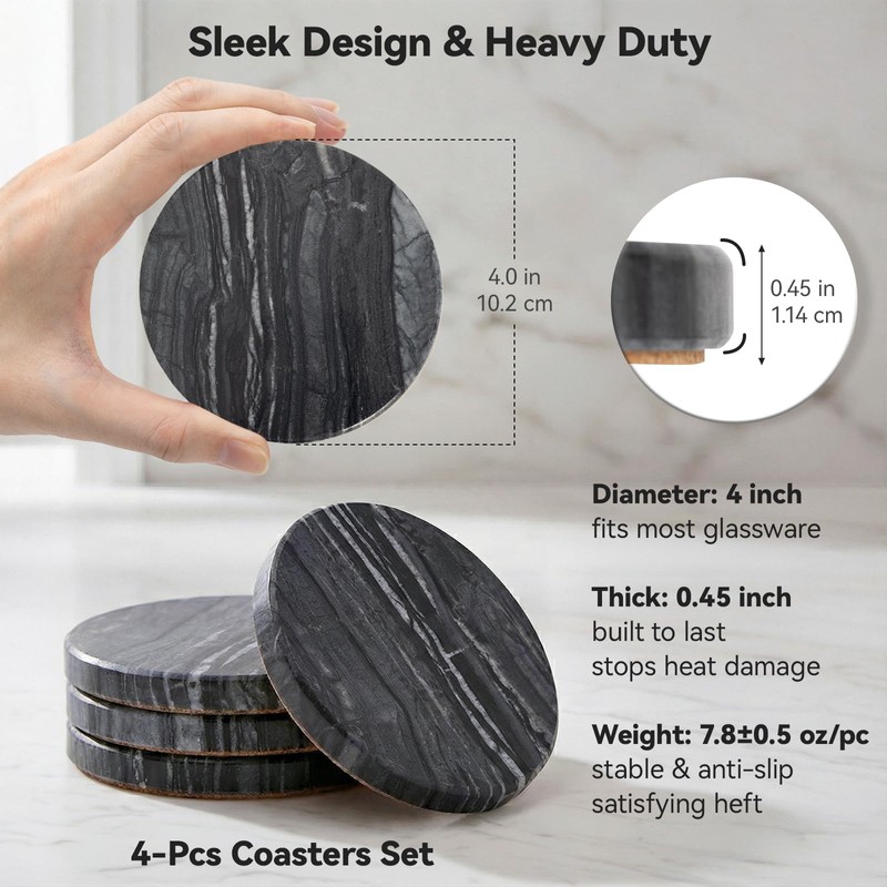 YONGHEE Black Marble Coasters Set of 4, Elegant Black &