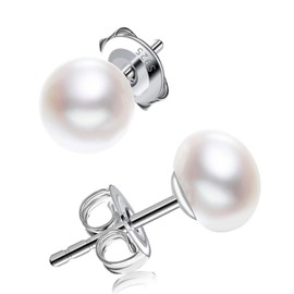 Pearl Earrings, Women's Pearl Earrings 925 Sterling Silver 6/8/10/11 mm Button White Freshwater Pearl Stud Earrings, Silver, Pearl
