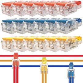 Snap On Cable Connectors Dujelixa (15-13AWG, 1T to 2) 18pcs, PC and Tinned Copper T-Tap Cable Connectors, No Stripping or Disconnecting Power Required.6 Each for Red Yellow Blue