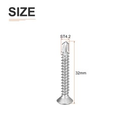 DTGN 100Pcs ST4.2x32mm Self Drilling Screws, 410 Stainless Steel Flat Head Phillips Sheet Metal Screw - Good for Wood to Metal, Furniture - Silver