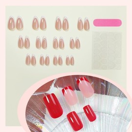 Press on Nails Medium Square False Nails Christmas Red French Design Fake Nails 24 PCS Artificial Nude Full Cover Glue on Reusable Glossy Stick on Acrylic for Woman
