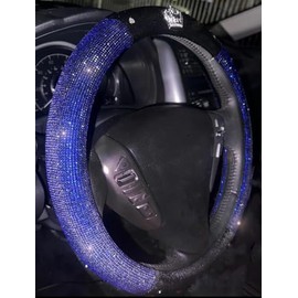 Plush Crown Cover with Ultra Shiny Crystal Rhinestones Super Bling Car Steering Wheel Cover, Universal Diamond Handle Cover Ultra Bling Cover (Blue)