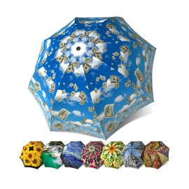 Funny Design Raining Money Umbrella Blue Sky - Auto Open Close - Compact and Portable Small Folding Umbrella, 46 inch Canopy