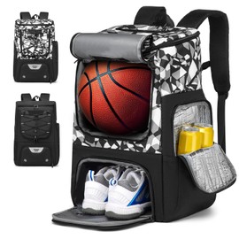 Basketball Backpack, Basketball Bag with Separate Ball Holder & Shoes Compartment Water Resistant Sports Bag Basketball Equipment Bags Fit Volleyball, Soccer, Swim, Gym, Travel, Black, White