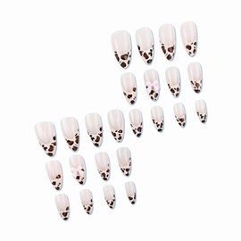 MERVF Almond Press on Nails Medium Fake Nails Leopard French Tip Glue on Nails Pink Bow Press ons with Cheetah Design Stiletto Acrylic False Nails Glossy 24pcs