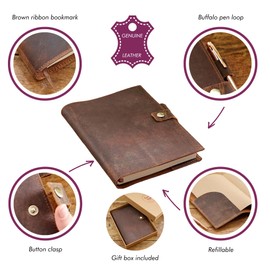 Genuine Buffalo Leather Refillable Journal - Handcrafted Notebook for Men & Women with Pen Holder Includes Unlined Recycled Cotton Paper or Lined FSC Paper and Gift Box (Unlined paper)