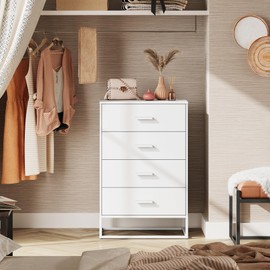WLIVE White Wood Dresser for Bedroom with 4 Drawers, Tall Chest of Drawers with Sturdy Metal Frame for Living Room, Hallway, Closet