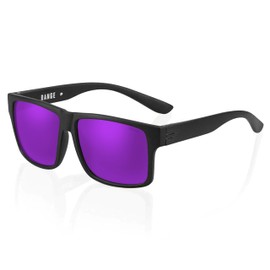 TOROE TR90 Square Frame Grade A Polarized Black Emblem Sunglasses with Anti Reflective Water Repellent Polycarbonate Lenses (Matte Black Frame, Purple Mirror (Category 3))