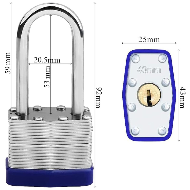 Padlock with Keys, 40mm Steel, Long Shackle, Blue, 2-Pack, Weatherproof