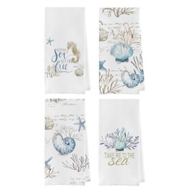 Geqtt Bluey Coastal Dish Towels Set - Coastal Seashell Waffle Weave Kitchen Towels, Bluey Ocean Themed Hand Tea Towels, Preppy Bluey Seashell Coastal Bathroom Decor (16×24 Inches Set of 4)