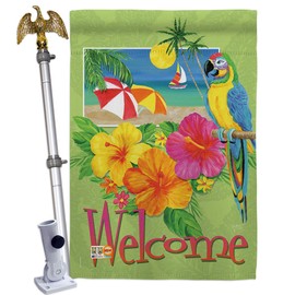 Breeze Decor HS106066-BO-02 Welcome Tropical Summer Fun in The Sun Decorative Vertical House Flag Set, 28"x 40" w/Flagpole, Multi-Color