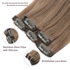 FUBILI Ash Brown clip in hair extensions Natural Remy Real Human straight Hair Extensions 30g 5pcs 18 Inch