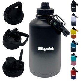 Wilgostst 64 oz Insulated Water Bottles, Big Sports Flask with Straw, Double Walled Stainless Steel Water Jug with 3 Lids & Handle for Outdoor, Camping, Fishing, Cold for 48 H/Hot for 24 H, Dark Gray