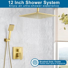POP SANITARYWARE 12 Inch Ceiling Mount Shower Faucet Set Brushed Gold Ceiling Rainfall Shower Head and Handle Set Bathroom Rain Shower System Include Shower Valve and Trim Kit