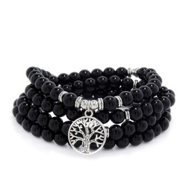 8mm Mala Beads 108 Meditation Bracelet Necklace with Tree of Life Charm (Black Agate)