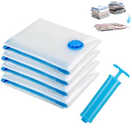 Pack of 4 Vacuum Bags for Clothes Travel, 70 x 50 cm Vacuum Bags for Clothing, Compression Bags with Hand Pump, Vacuum Storage Bag, Space Saving Travel Accessories, Clothes Bag