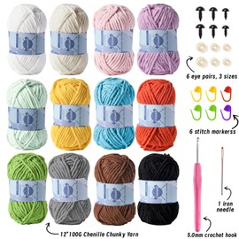 12 Pack Fluff Chenille Chunky Yarn for Crocheting Premier Puzzle - Velvet Baby Crochet Yarn with Black White Purple Pink Blue Coffee Red Khaki Yellow Amigurumi Set C