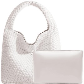 Women Vegan Leather Hand-Woven Tote Handbag Fashion Shoulder Top-handle Bag All-Match Underarm Bag with Purse (Creamy white)