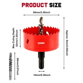 Hole Saws Cutter, HSS Bi-Metal Drill Bit for Wood, Plastic, UPVC, Fiberglass and Plasterboard (60mm)