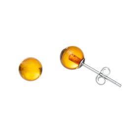 Genuine Baltic Amber Small Stud Ball Earrings for Women in Sterling Silver, Rich Cognac Color