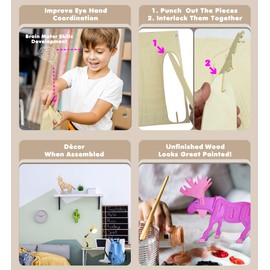 Puzzled Bundle of Wolf, Moose, & Buffalo Wooden 3D Puzzle Construction Kits, Fun Unique & Educational DIY Wild Animals Toys Assemble Model Unfinished Wood Craft Hobby Puzzles to Build & Paint - 3 Pack