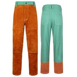 ANTAITHER Leather Welding Pants - Heat and Flame Resistant Heavy Duty Cowhide Leather FR Work Safety Trousers (XL) Brown, Green