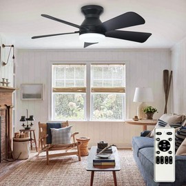 Depuley 42-Inch Ceiling Fan with Light: Low Profile Black Ceiling Fan with Remote for Bedroom Kitchen Indoor Outdoor - Flush Mount Dimmable Ceiling Fans 5 Reversible Black Blades 3CCT 6 Speeds Timer