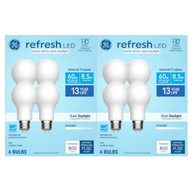 GE Refresh Arctic White, Cool Daylight 60w EQ A19 Dimmable LED Light Fixture Light Bulbs (8 Pack)