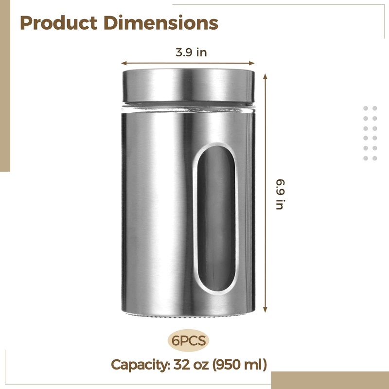 Calolin 6 PCS Stainless Steel Glass Canisters, 32 oz Large
