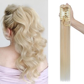 TESSHAIR Claw Clip Ponytail Extension Human Hair - 16 Inch Platinum Blonde Long Straight 105g