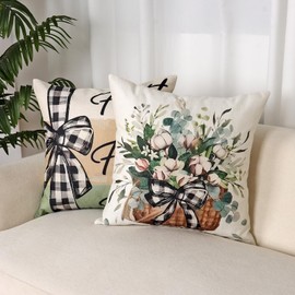 MEIVINES Spring Cushion Covers 45 x 45 cm Set of 4 Farmhouse Leaves Truck Home Sweet Home Decorative Pillow Covers Garden Linen Cushion Case for Outdoor Sofa Couch Bed Garden Decor (Green and Beige)