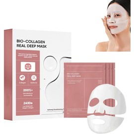 Pack of 4 Organic Collagen Real Deep Mask, Korean Collagen Mask Overnight, Anti-Ageing Collagen Face Mask, Collagen Reverse Film Soluble Collagen Sheet Mask with Hydrolysed Collagen