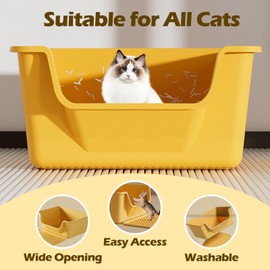 LoopTime Large Cat Litter Box with High Sides,Cat Boxes for Indoor Cats,Cat Litter Pan for Kitty,Litter Box with Low Entry,Easy to Clean,Anti-Splashing(Yellow)