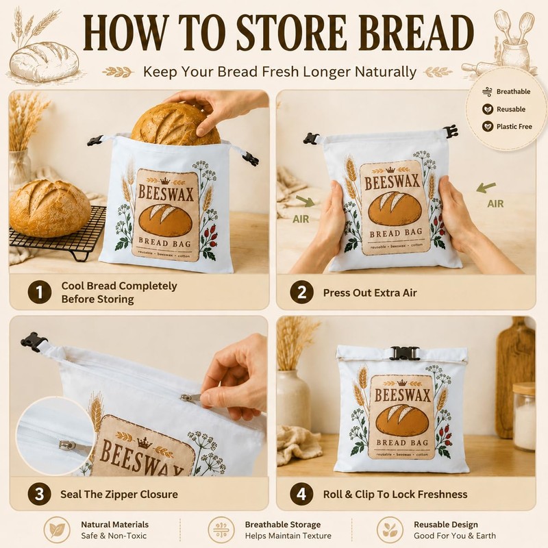 Fruzmzk Removable Beeswax Bread Bag for Homemade Sourdough, Reusable