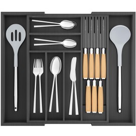 TIOPGHAD Bamboo-Silverware-Drawer-Organizer-Kitchen, Expandable Utensil Holder Cutlery Tray Flatware Organization Adjustable Wood Tableware Dividers Storage (with Removable Knife Block)(Black)