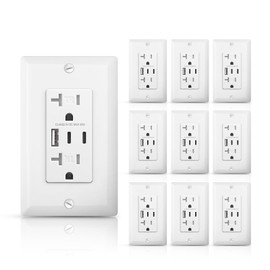ALASTECH 20 Amp Tamper Resistant Electrical Socket, 30W 6.0A USB C Outlets Receptacles with Type A & Type C Ports, Wall Plate Included, ETL Listed, White, 10 Pack