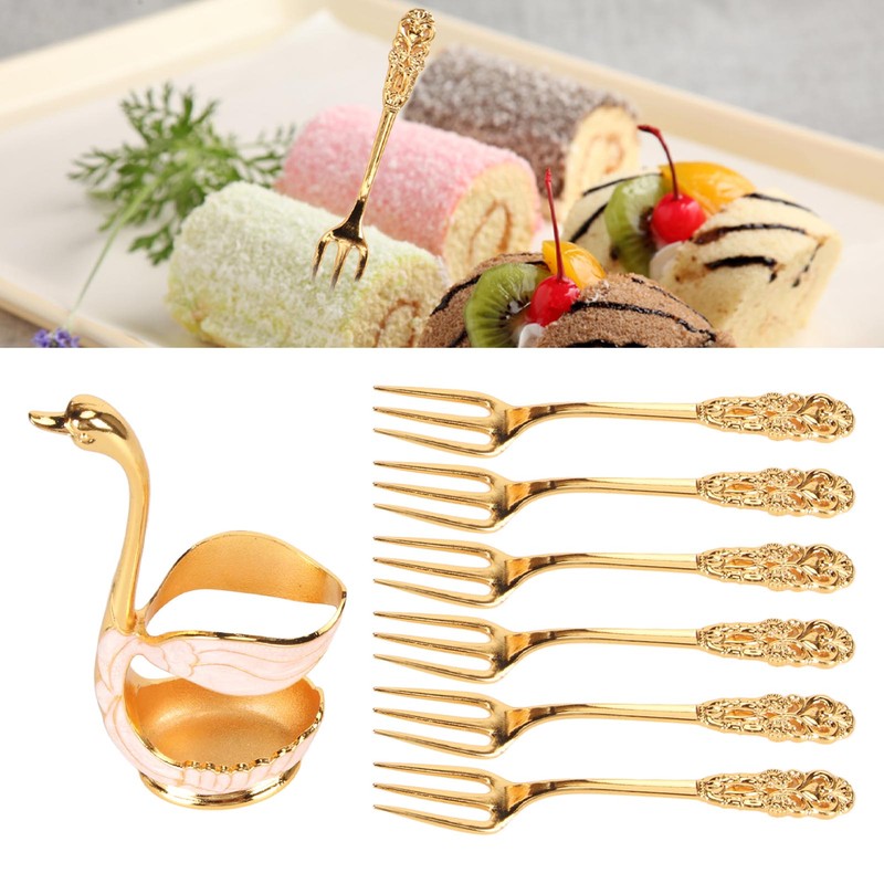 6Pcs Coffee Dessert Fork Set Metal Swan Base Holder Dessert