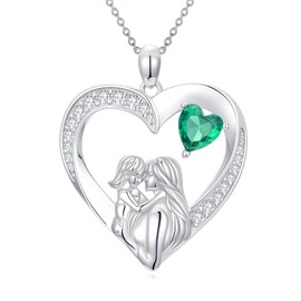 Cargari Mother Daughter Necklace, 925 Sterling Silver Heart Mama Pendant Necklace with Heart Emerald, Mom and Daughter Jewelry Birthday Christmas Mother's Day Gifts for Women Mom Daughter