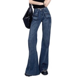 EMMIOL Women Baggy Bell Bottom Jeans Y2K, Trendy Flare Jeans Mid-Low Rise, Bootcut Flared Wide Leg Stretchy Loose Denim Pants,Blue