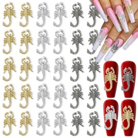 JERCLITY 30 Pieces Scorpion Nail Charms 3 Colors Scorpion Charms for Nails Gold Silver Nail Charms Scorpion Nail Gems and Charms for Women Girls Nail Art