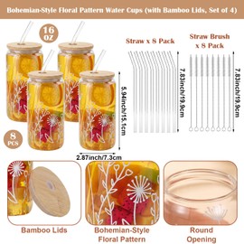 8 Pack Glass Cup with Lid and Straw 16oz Wildflower Glass Tumbler Gift Set