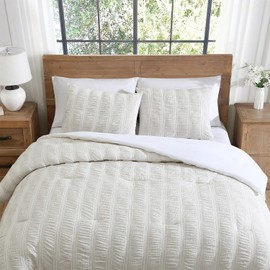Tahari Home - Comforter Set, Lightweight Bedding with Matching Pillow Shams, Chic Room Decor, Seersucker Striped Room Decor (Aria White/Taupe, King)