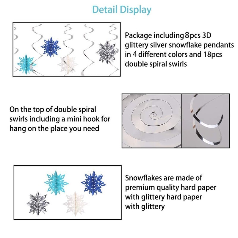 SULOLI Christmas Snowflake Hanging Swirls Decoration, 26 Pieces 3D Snowflake