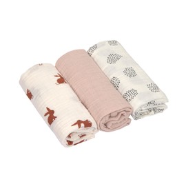 LÄSSIG Baby Swaddling Blanket Burp Blanket Muslin Cloth Set of 3 Cotton 60 x 60 cm Swaddle & Burp Blanket M Little Forest Rabbit