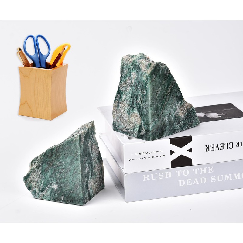 AMOYSTONE Decorative Bookends | Minimalist Green Mica Stone BookEnds 3-4LBS