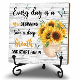 Motivational Gifts Wood Decor Sign, Inspirational Sunflower Wooden Rustic Farmhouse Decor with Stand for Home Desk Tabletop Shelf Decorations (A12)