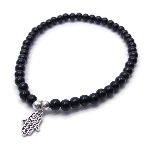 Hamsa Charm Anklet with 6mm Black Acrylic Beads on Elastic