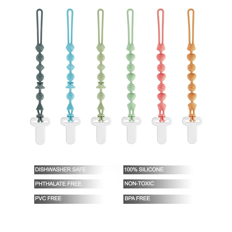Pandaear 6 Pack Silicone Pacifier Clips, One Piece Design Teething