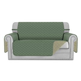Deeky Sofa Cover, Washable Couch Covers for Dogs, Pet Couch Cover Protector, Reversible Quilted and Water Resistant Furniture Covers with Foam Sticks and Elastic Straps, Loveseat, Greyish Green/Beige