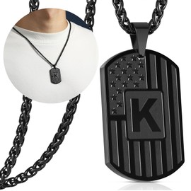 Kalanophel K Initial Letter Necklace for Men Boys, American Flag Dog Tag Military Pendant Chain Son Teen Teenage Husband Boyfriend Him Valentine's Day Birthday Anniversary Jewelry Gift Black